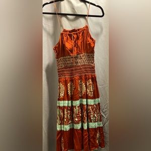 Burnt orange and light blue dress